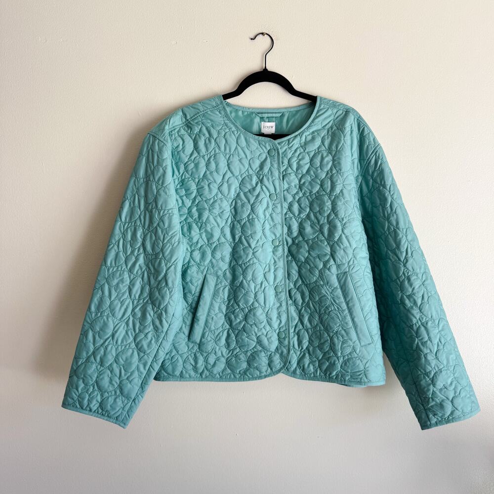 J. Crew Green Blue Heart Quilted Light Weight Jacket Large NWT Spring Easter